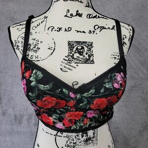 PINK Victoria's Secret Black Floral Lace Bralette with Red & Pink Embroidery